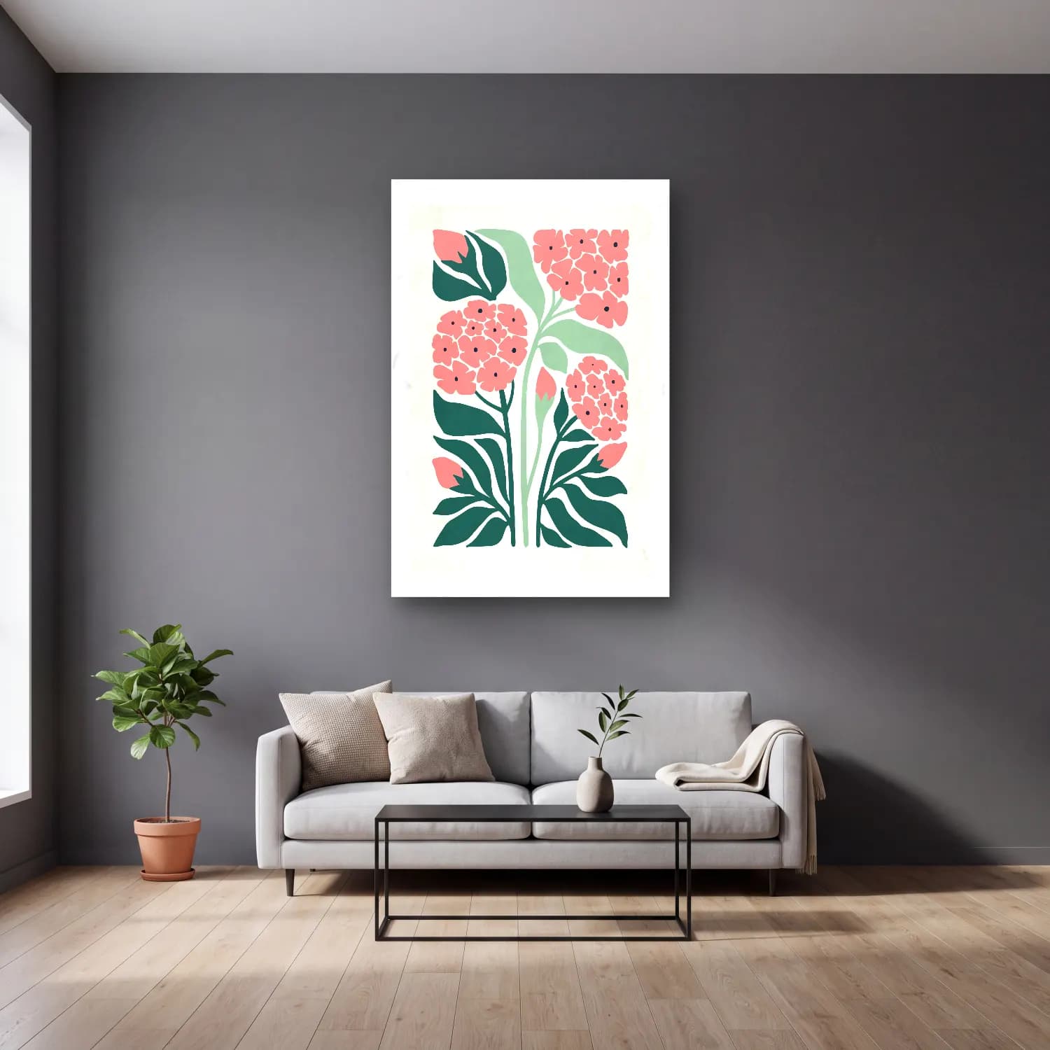 Pastel Çiçek Deseni – Pembe Tonlar cam tablo — gri duvarlı salonda