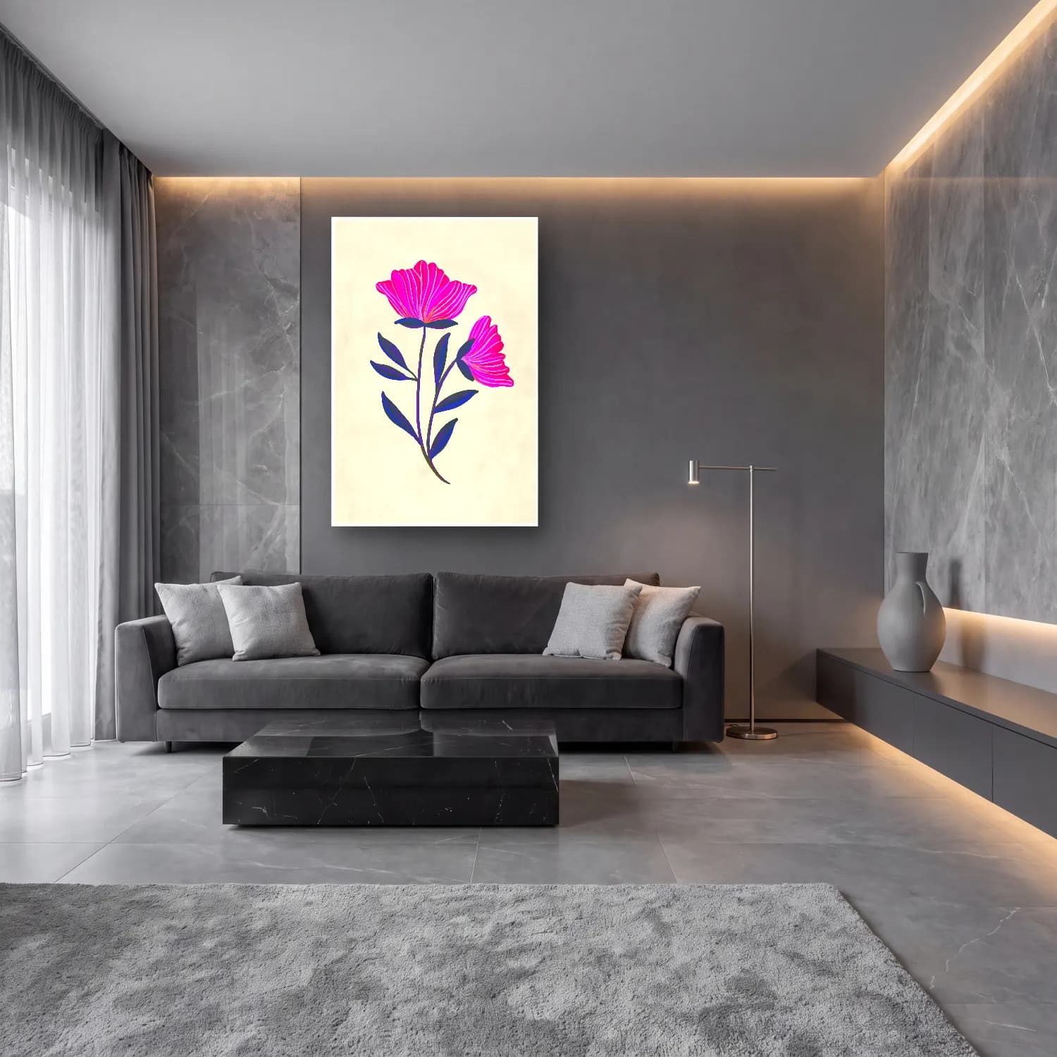 Botanik İllüstrasyon Çiçek Deseni – Pembe Tonlar cam tablo — lüks salon duvarında