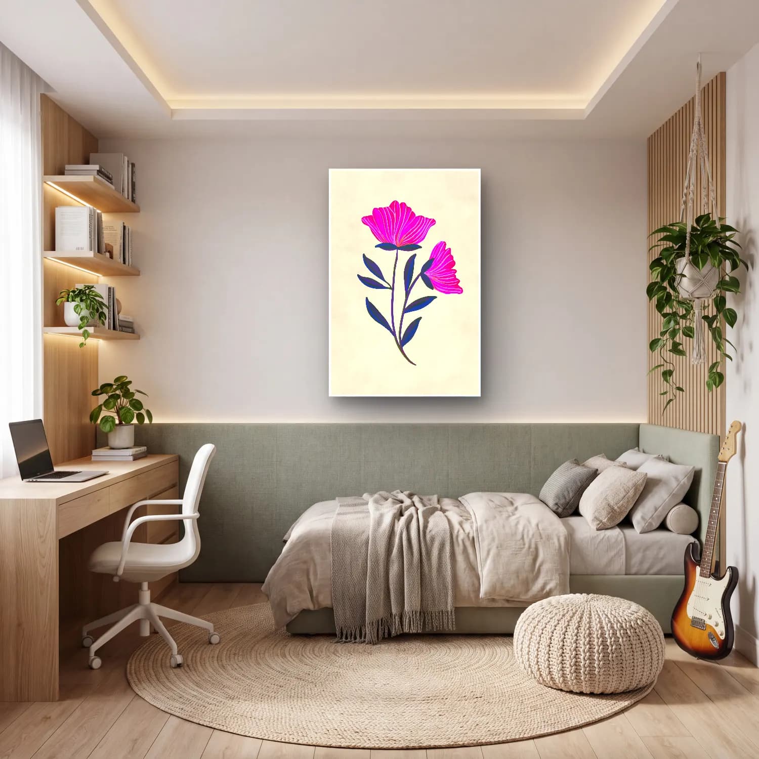Botanik İllüstrasyon Çiçek Deseni – Pembe Tonlar cam tablo — genç odasında