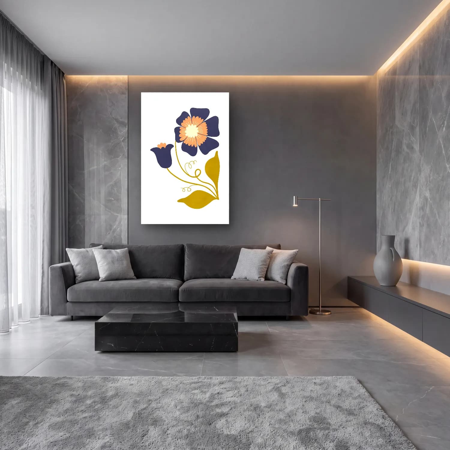 Botanik İllüstrasyon Çiçek Deseni – Turkuaz Tonlar cam tablo — lüks salon duvarında