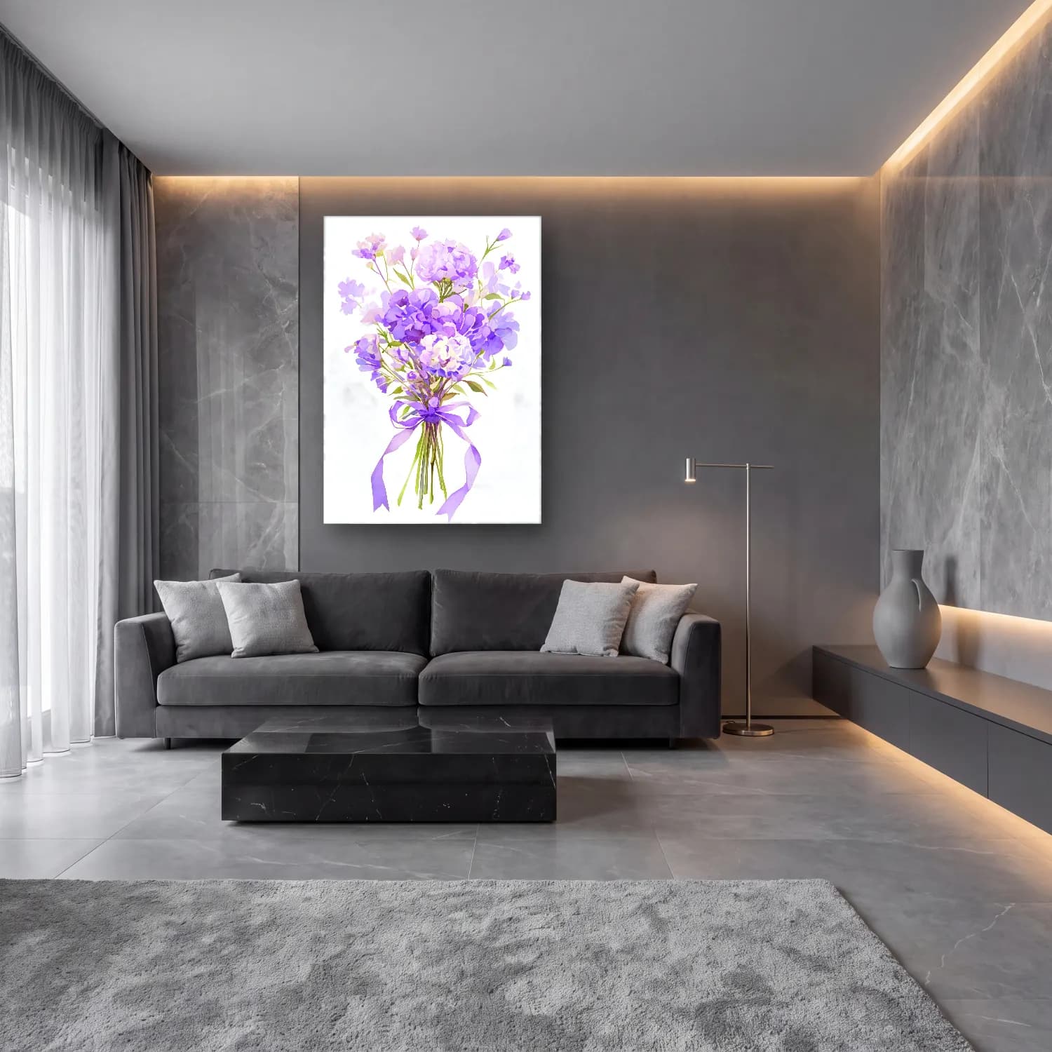 Pastel Vazoda Çiçek Buketi No. 5 cam tablo — lüks salon duvarında