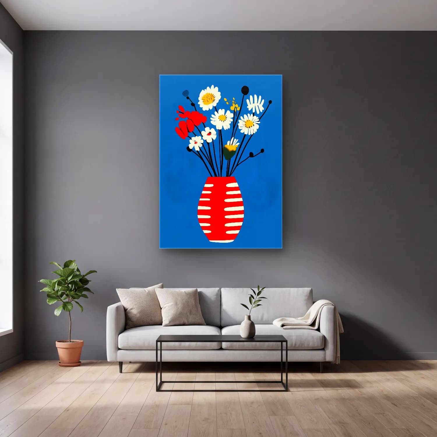 Pop Art Vazo cam tablo — gri duvarlı salonda