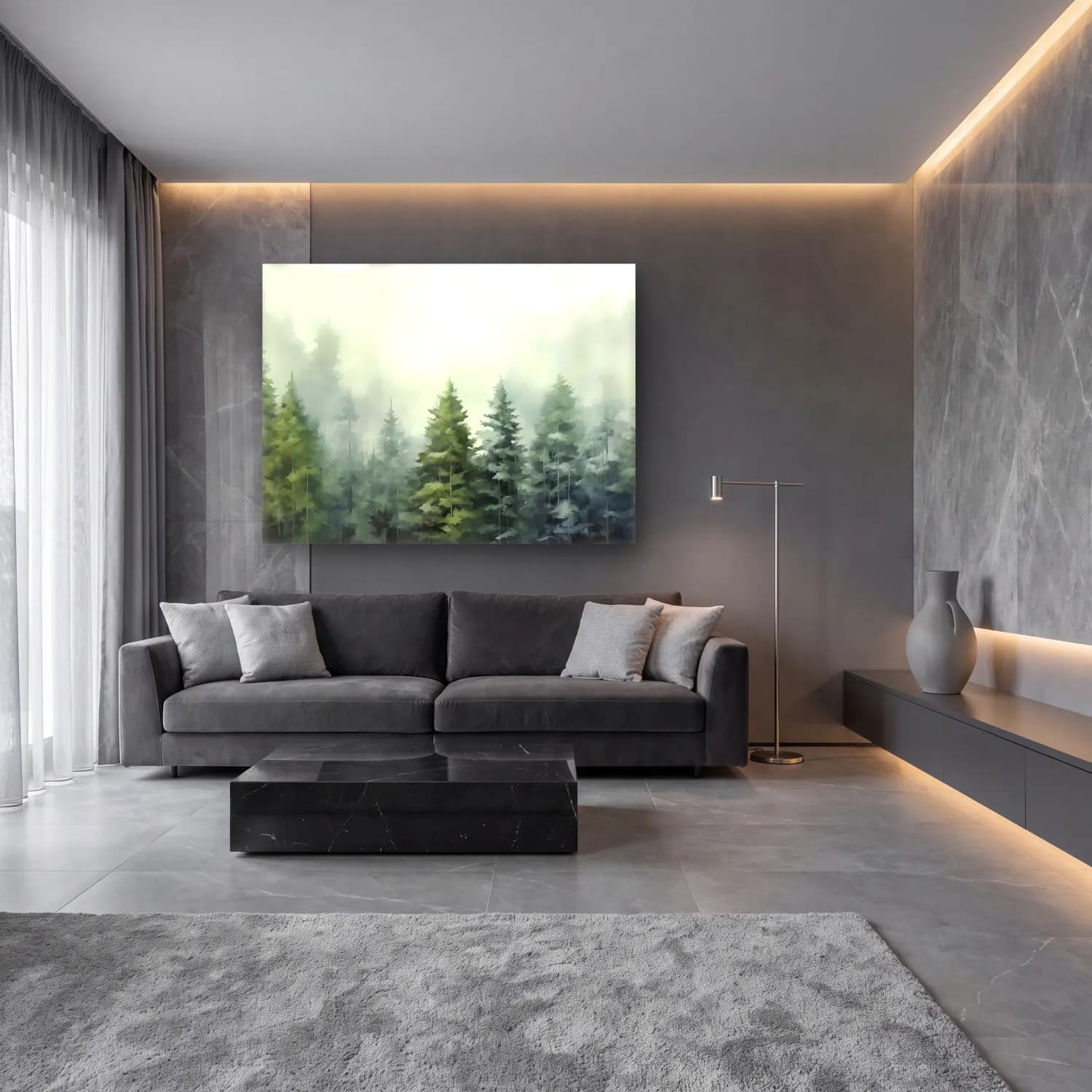 Suluboya Sisli Orman – Yeşil Tonlar cam tablo — lüks salon duvarında