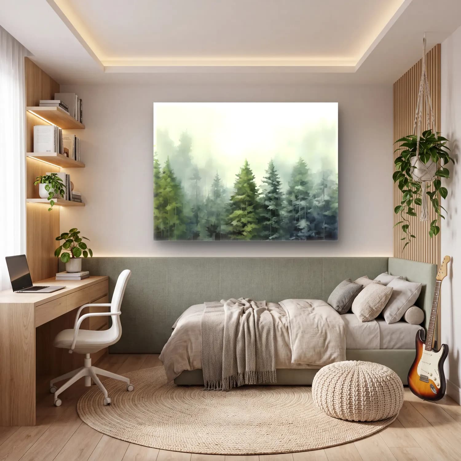 Suluboya Sisli Orman – Yeşil Tonlar cam tablo — genç odasında