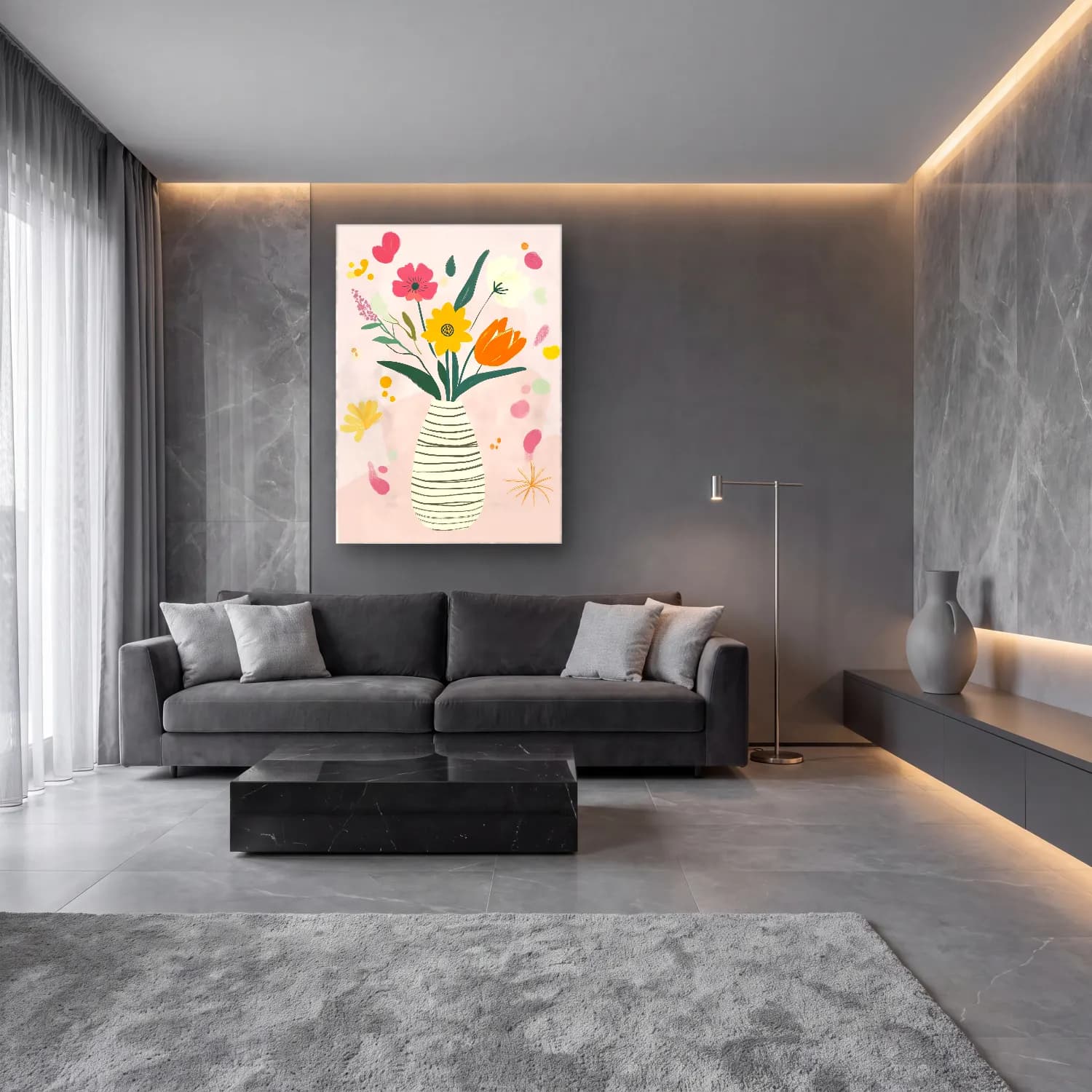 Pastel Vazoda Çiçek Buketi – Pembe Tonlar cam tablo — lüks salon duvarında
