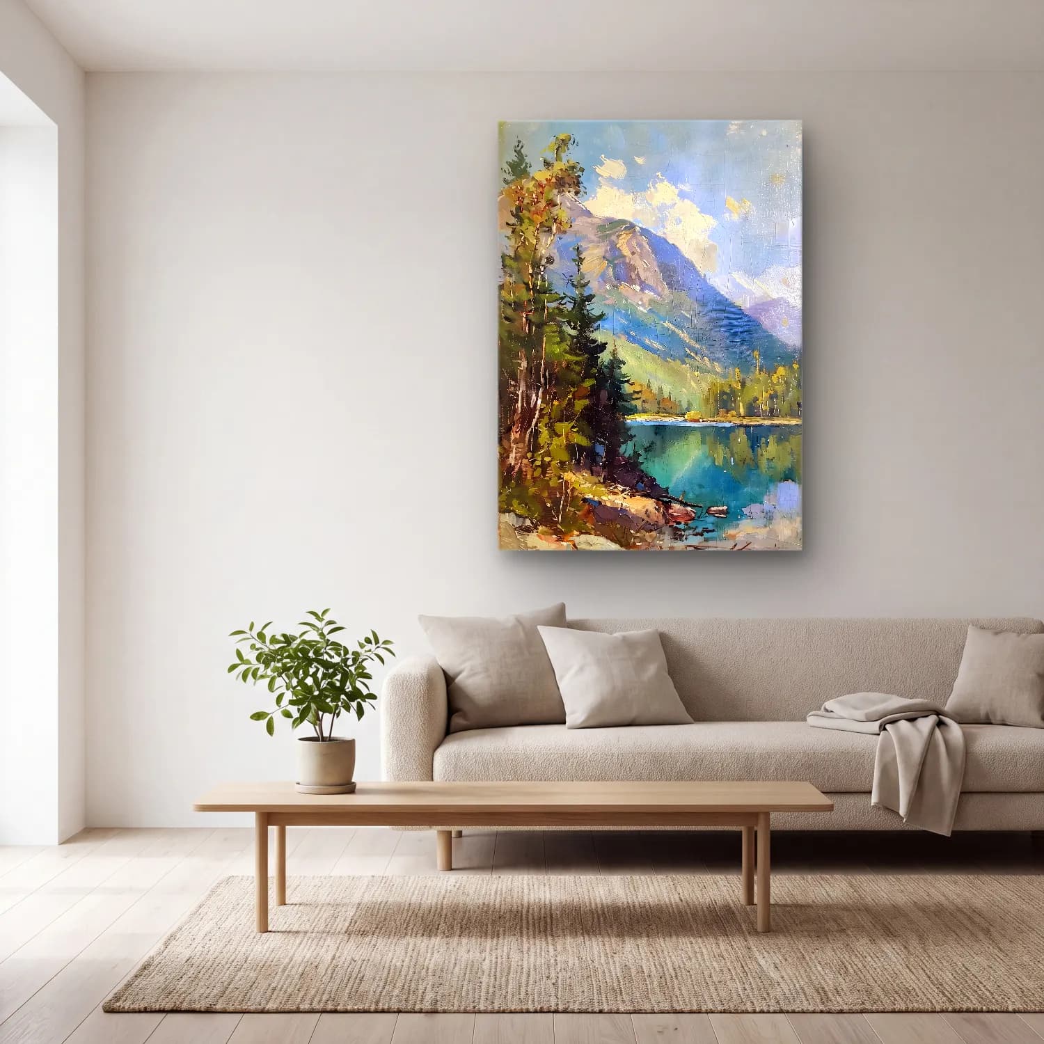 Yağlı Boya Göl ve Dağlar No. 19 cam tablo — açık renk salonda