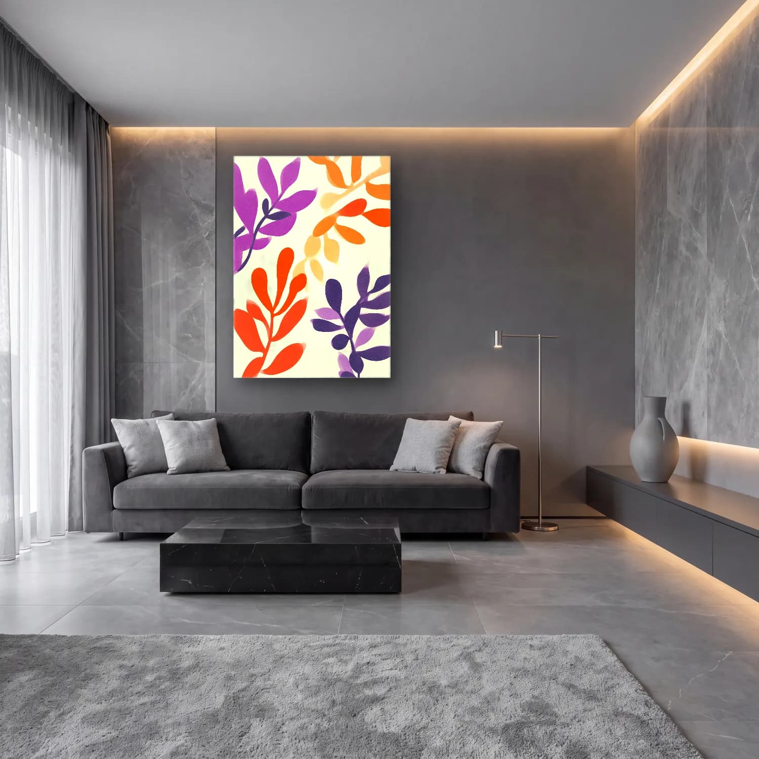 Boho Çiçek Deseni No. 37 cam tablo — lüks salon duvarında