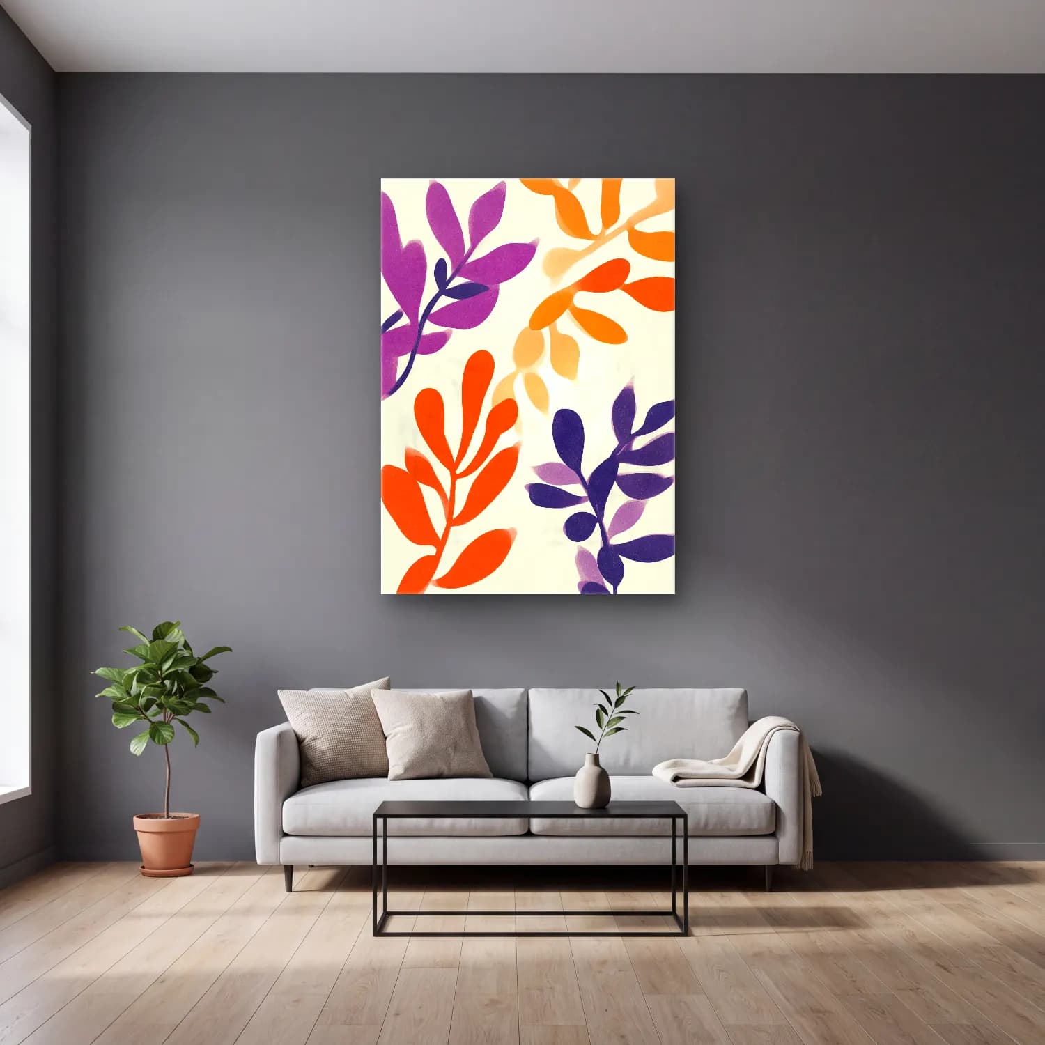 Boho Çiçek Deseni No. 37 cam tablo — gri duvarlı salonda