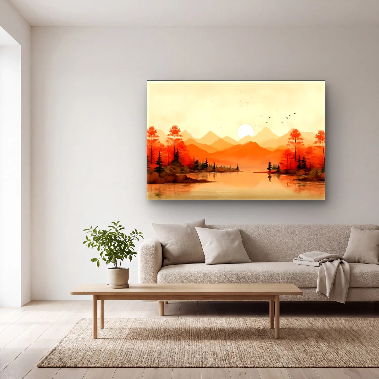 Suluboya Göl ve Dağlar – Turuncu Tonlar cam tablo — açık renk salonda