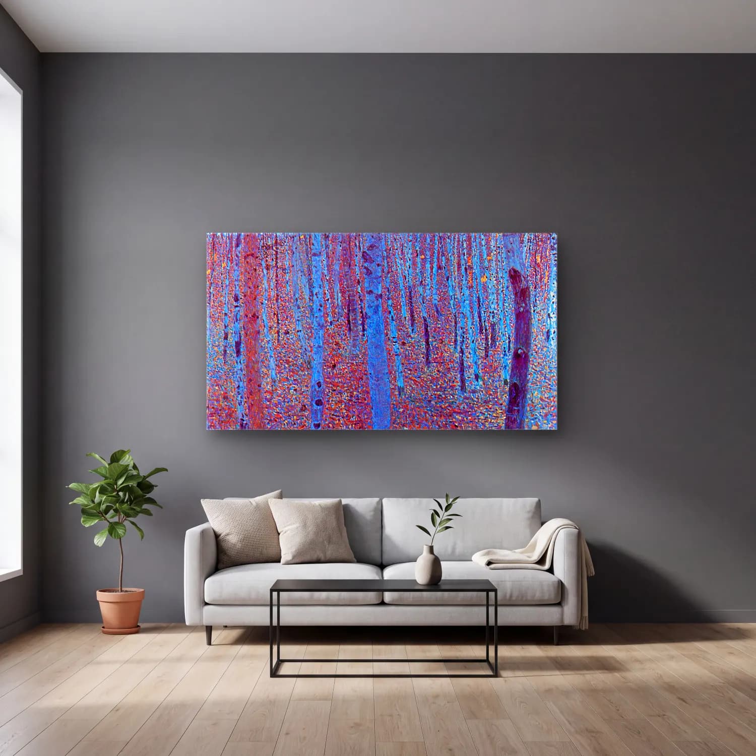 Gustav Klimt – Beech Forest cam tablo — gri duvarlı salonda