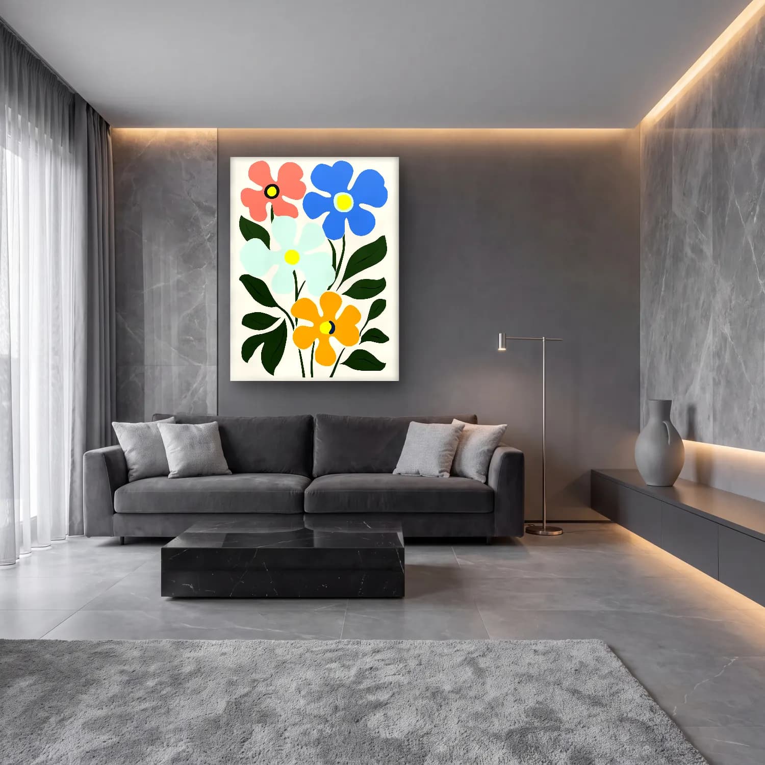 Pastel Çiçek Deseni No. 14 cam tablo — lüks salon duvarında