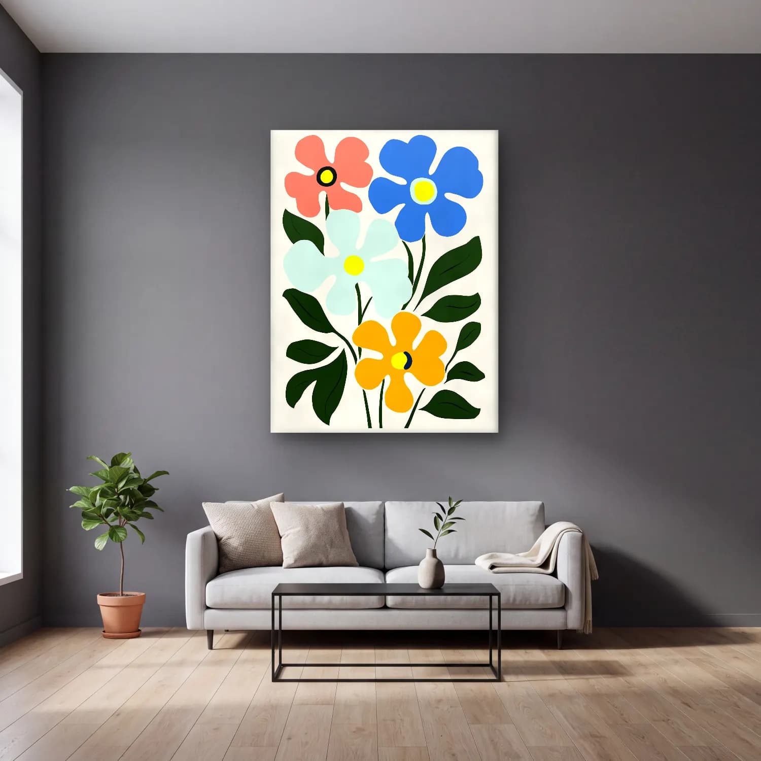 Pastel Çiçek Deseni No. 14 cam tablo — gri duvarlı salonda