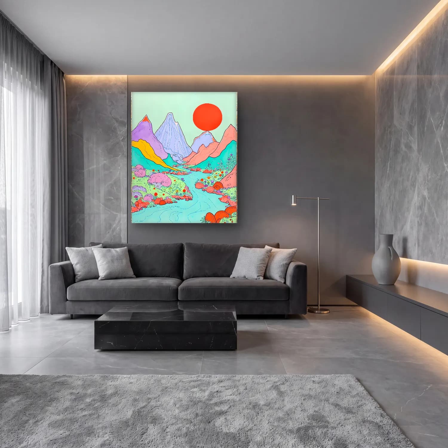 Pastel Dağ Manzarası No. 6 cam tablo — lüks salon duvarında