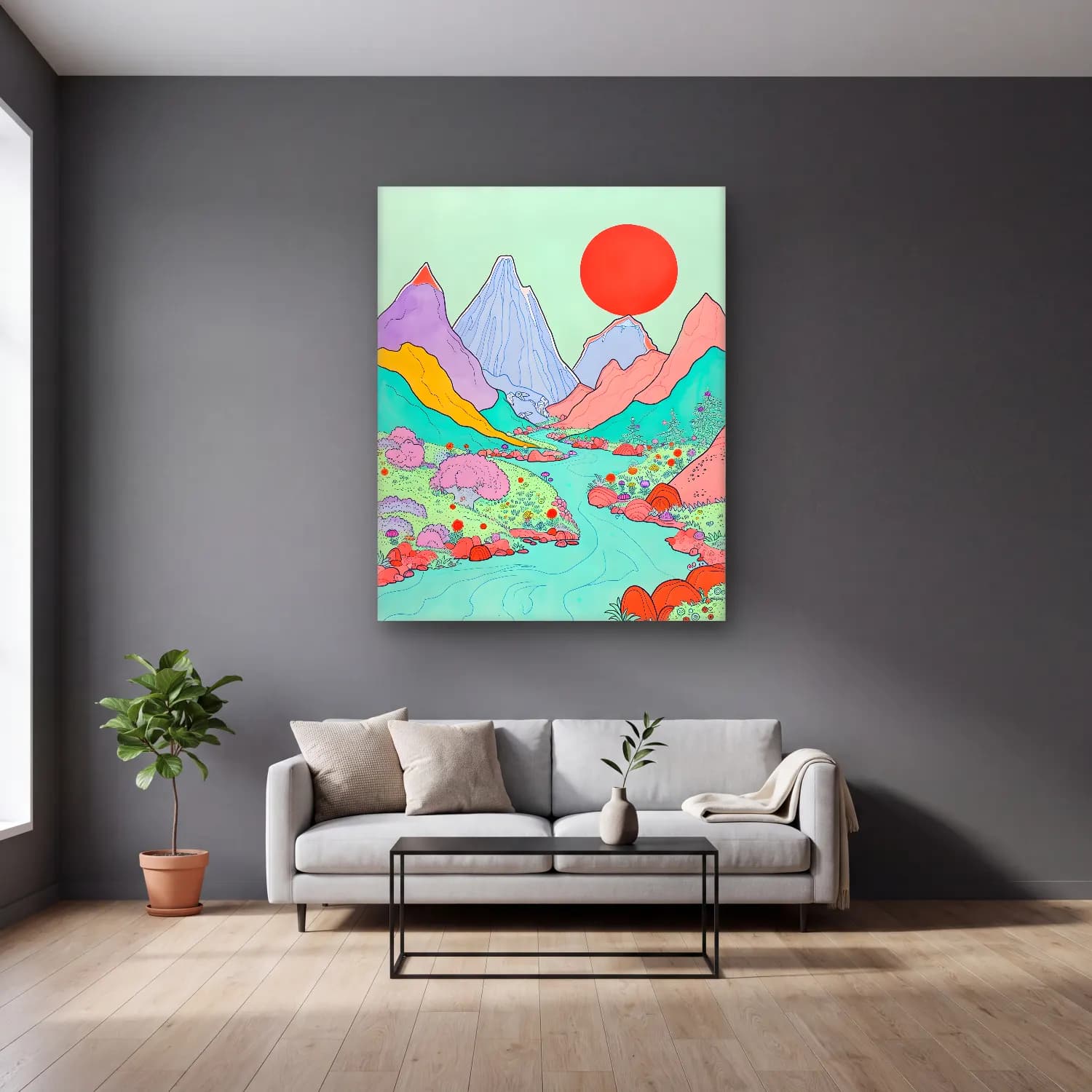 Pastel Dağ Manzarası No. 6 cam tablo — gri duvarlı salonda