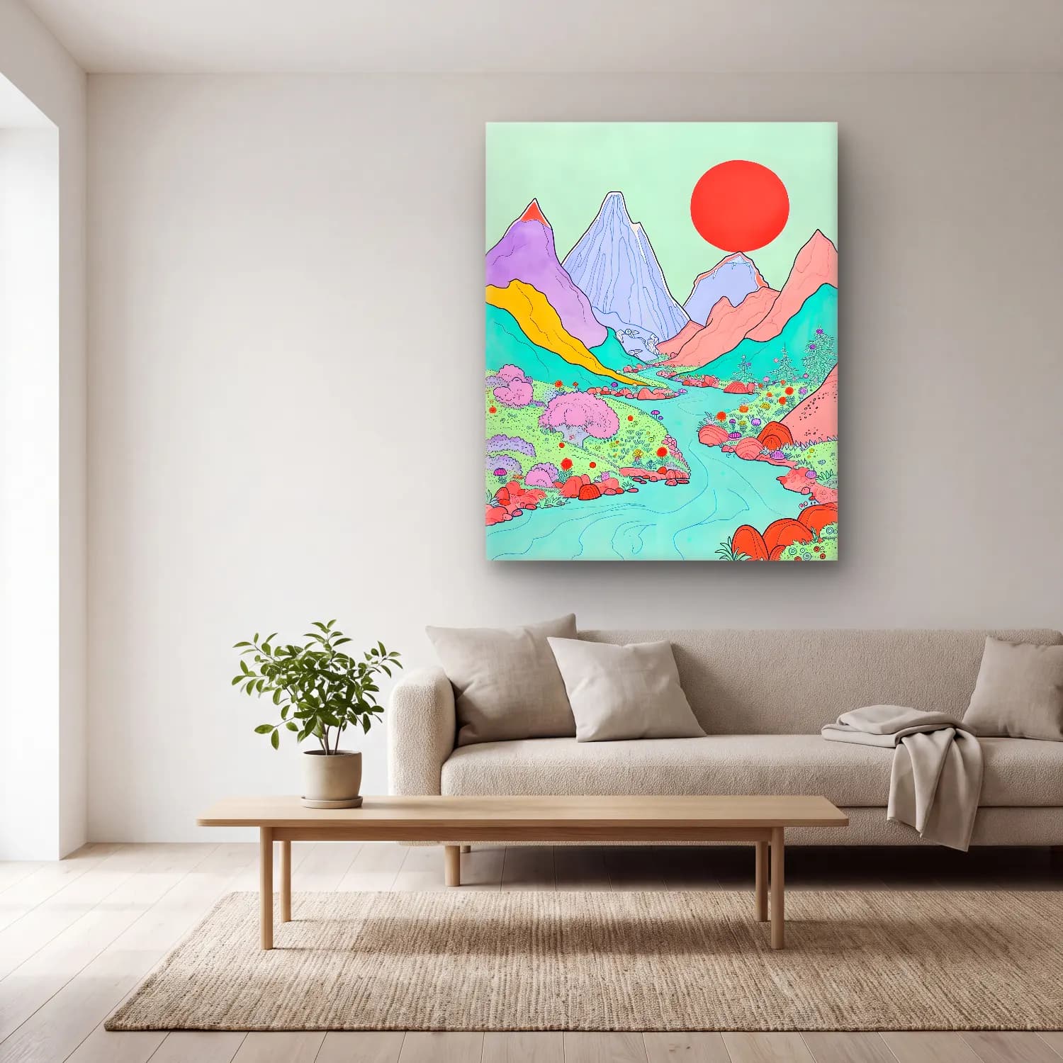 Pastel Dağ Manzarası No. 6 cam tablo — açık renk salonda