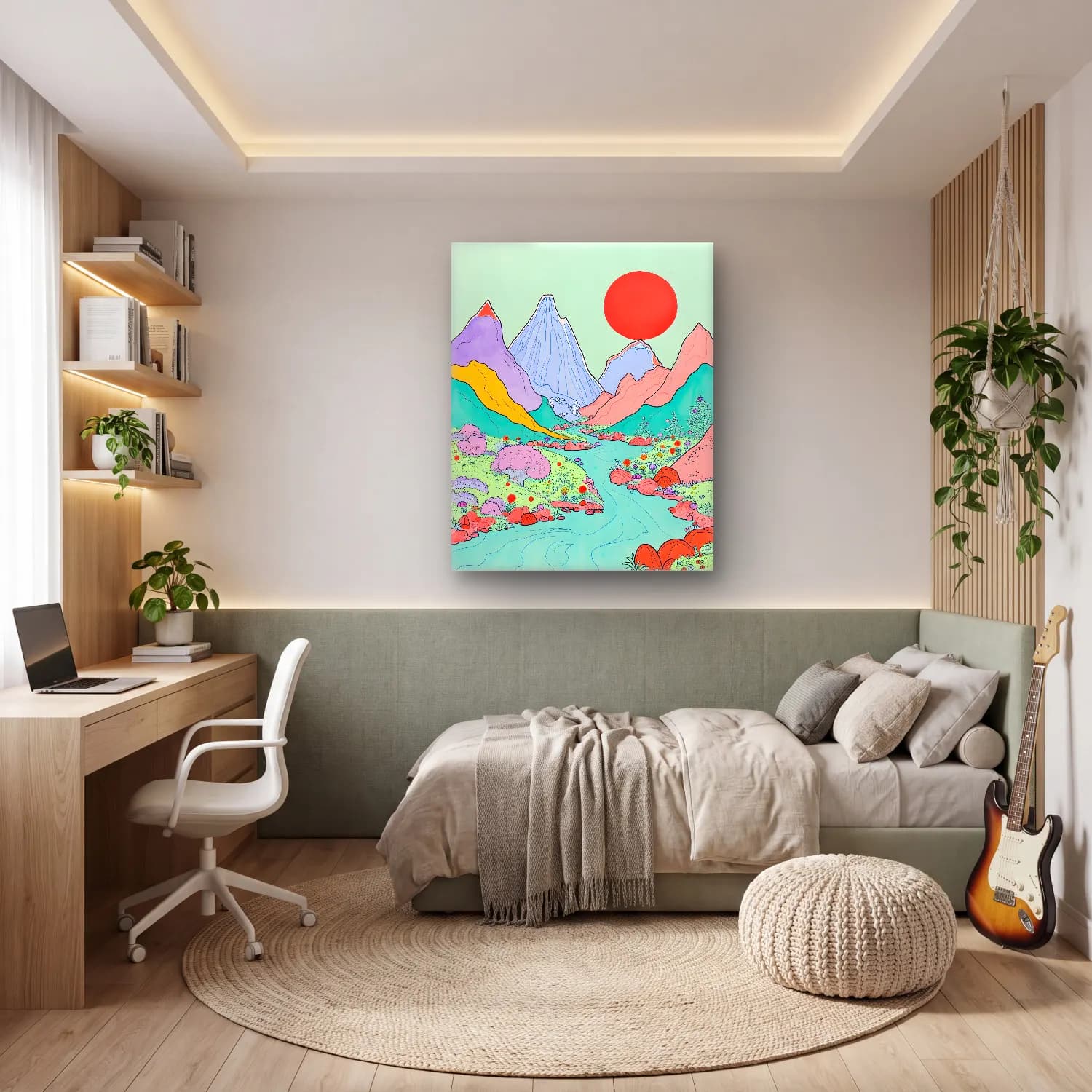 Pastel Dağ Manzarası No. 6 cam tablo — genç odasında