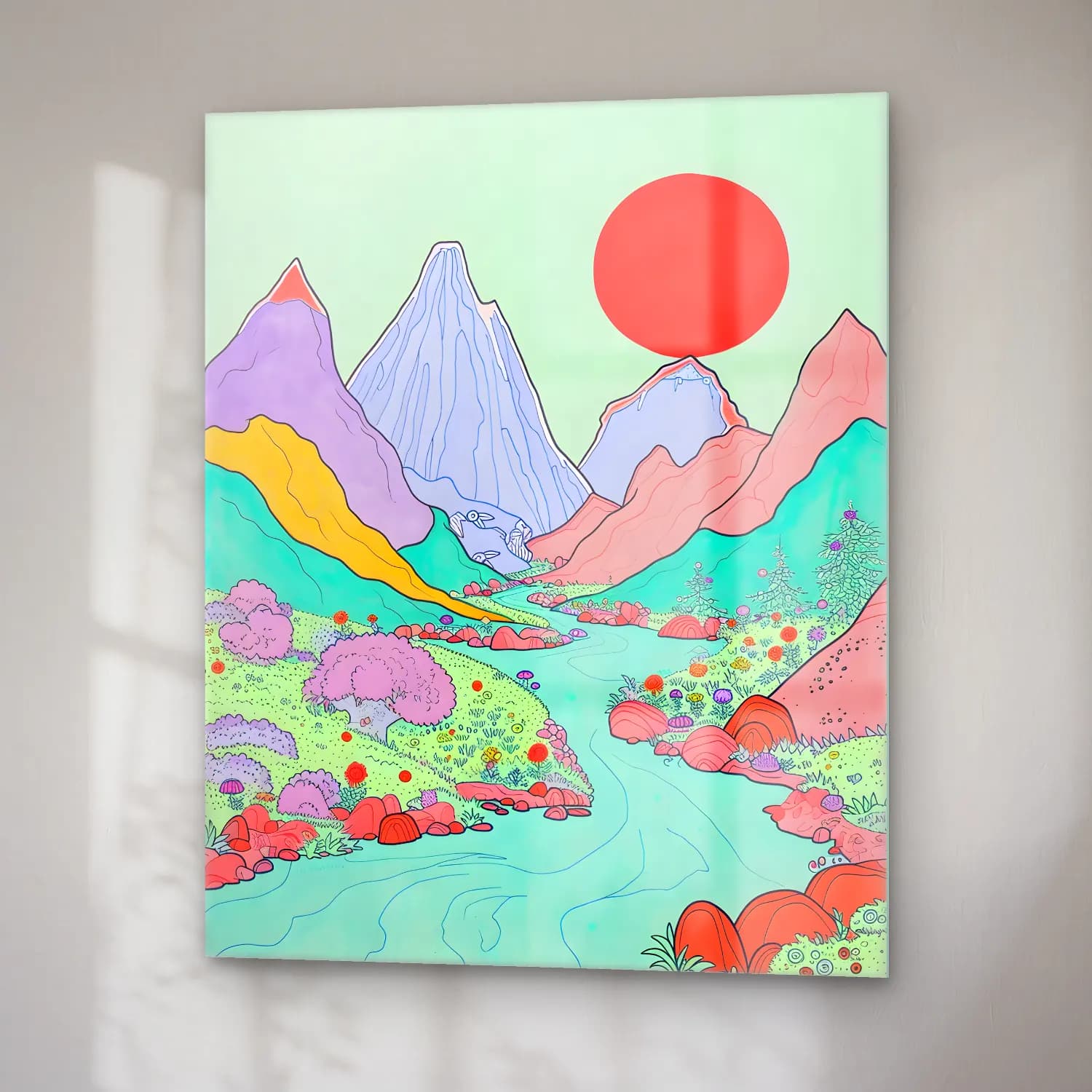 Pastel Dağ Manzarası No. 6 cam tablo — sağ açıdan görünüm