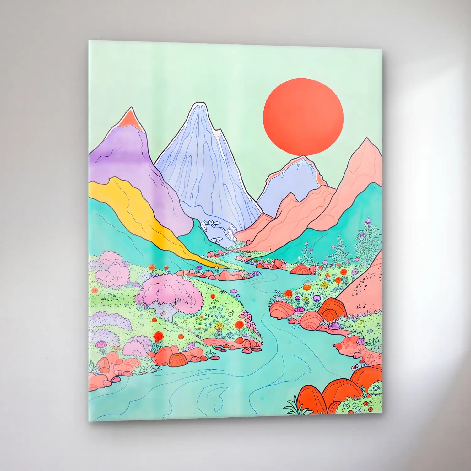 Pastel Dağ Manzarası No. 6 cam tablo — sol açıdan görünüm