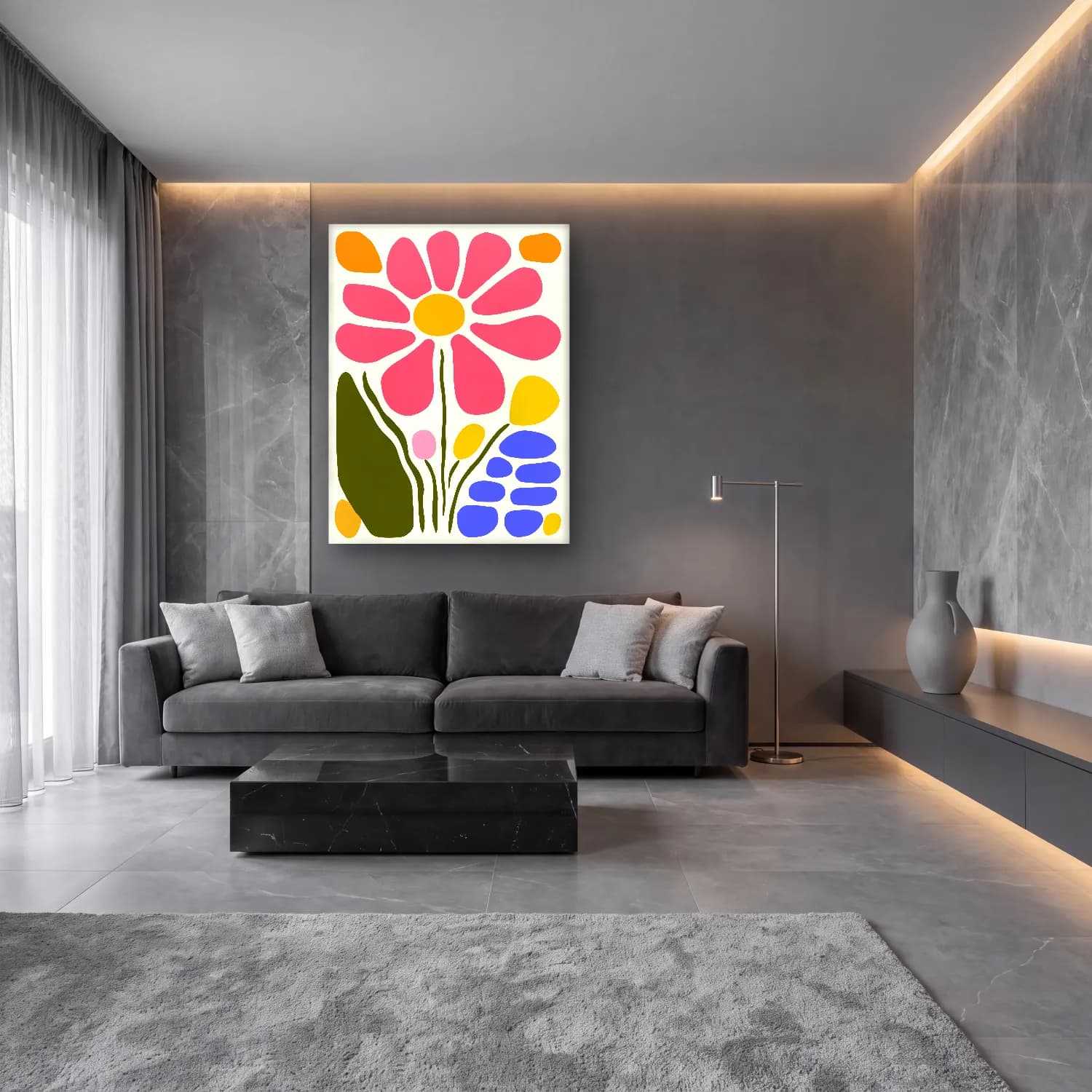Boho Çiçek Deseni No. 38 cam tablo — lüks salon duvarında