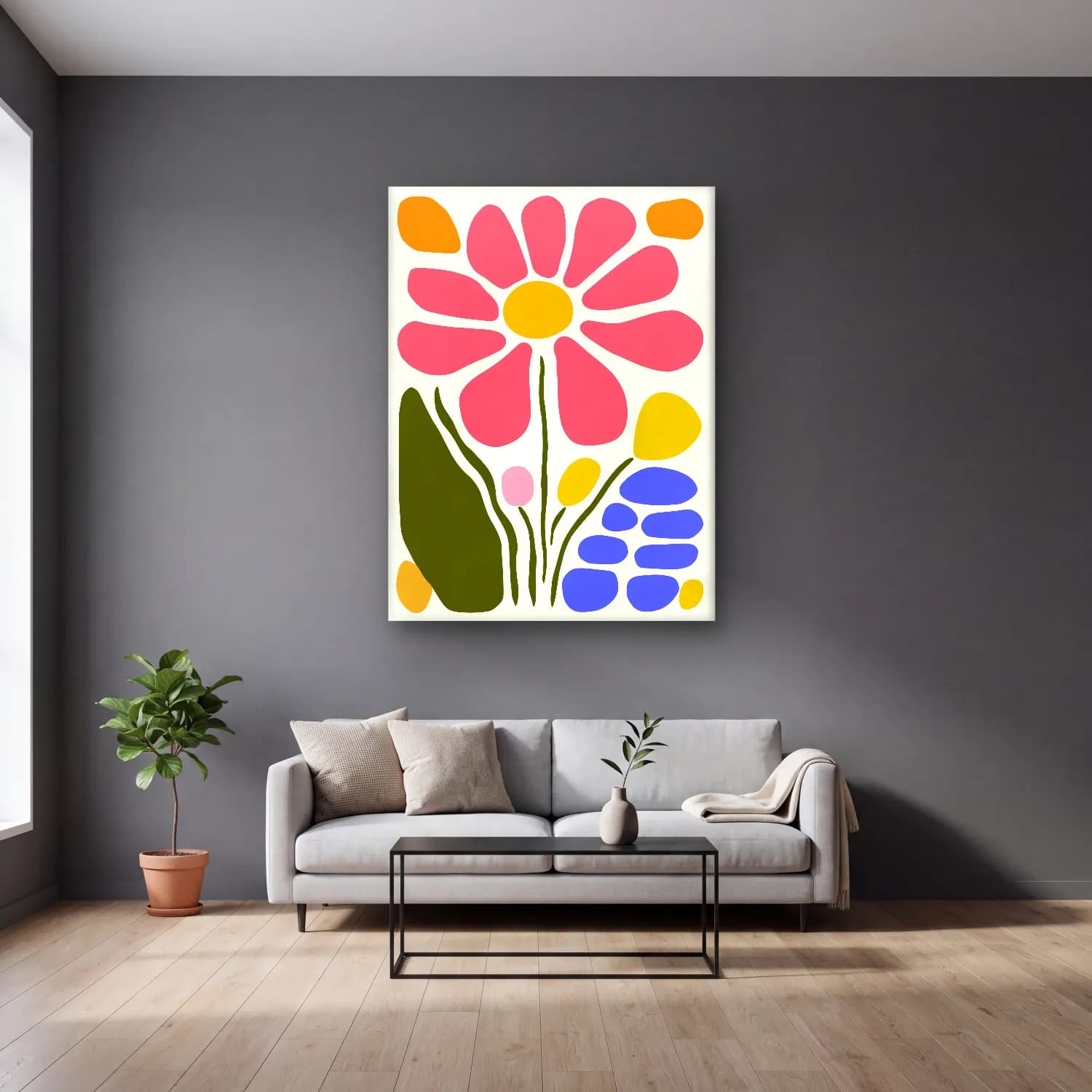 Boho Çiçek Deseni No. 38 cam tablo — gri duvarlı salonda