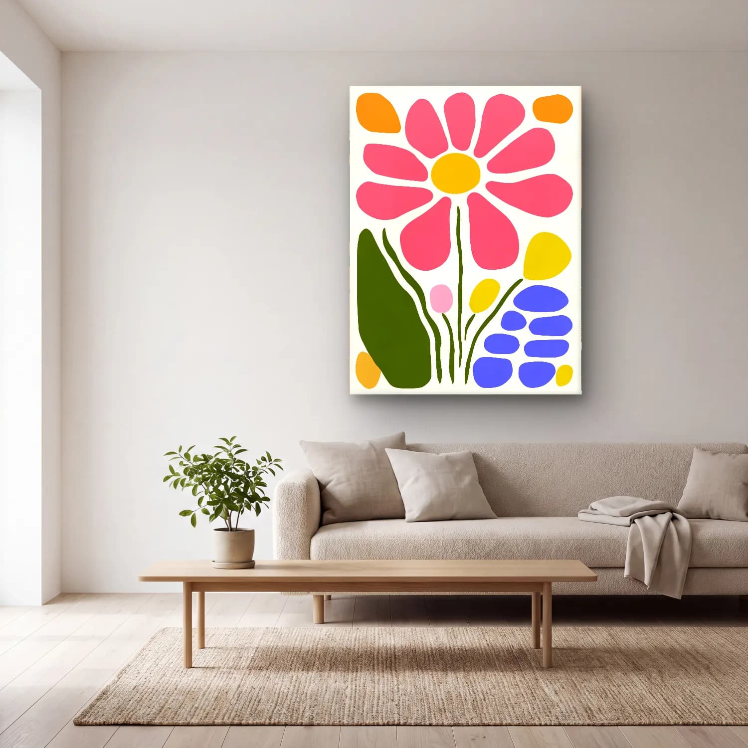 Boho Çiçek Deseni No. 38 cam tablo — açık renk salonda