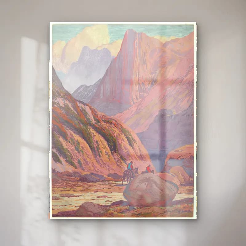 Vintage Poster Dağ Manzarası – Pastel Tonlar cam tablo — Vintage Poster Dağ Manzarası – Pastel Tonlar — vintage poster dağ manzarası