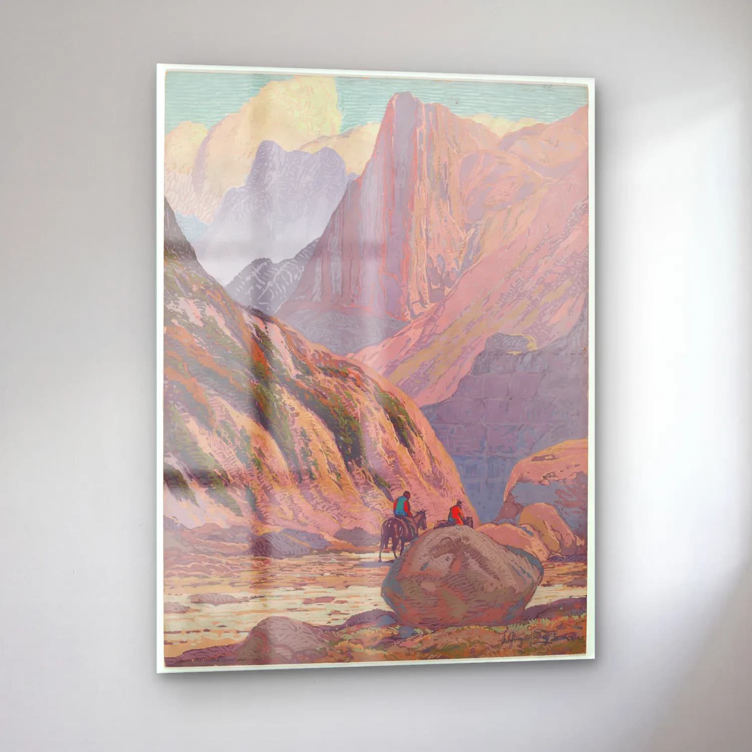 Vintage Poster Dağ Manzarası – Pastel Tonlar cam tablo — sol açıdan görünüm