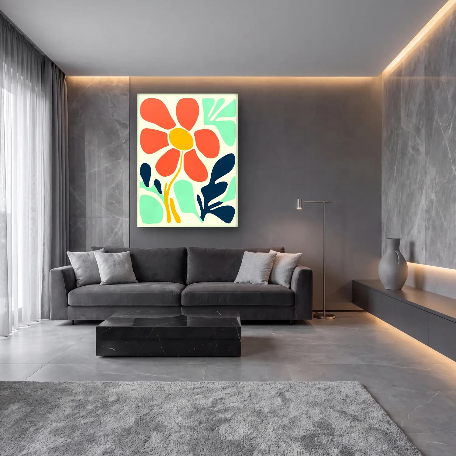 Boho Çiçek Deseni No. 39 cam tablo — lüks salon duvarında