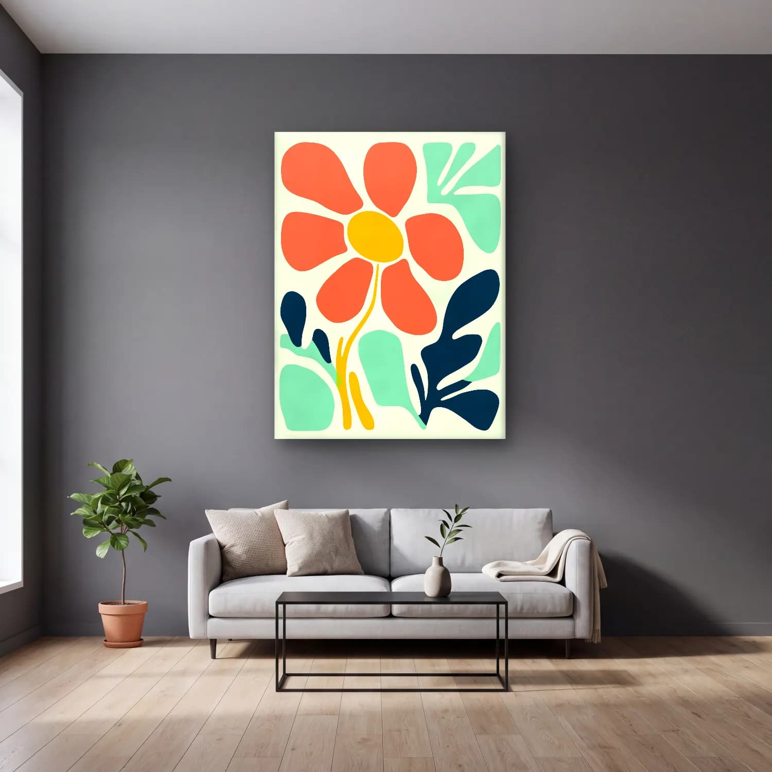 Boho Çiçek Deseni No. 39 cam tablo — gri duvarlı salonda