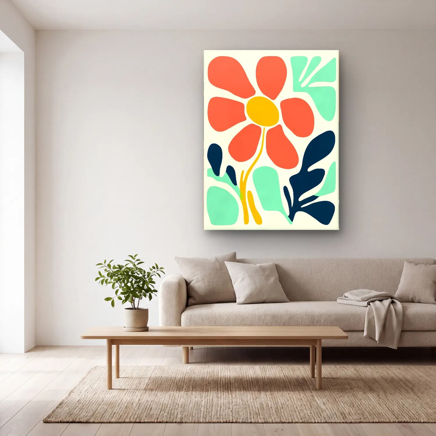 Boho Çiçek Deseni No. 39 cam tablo — açık renk salonda