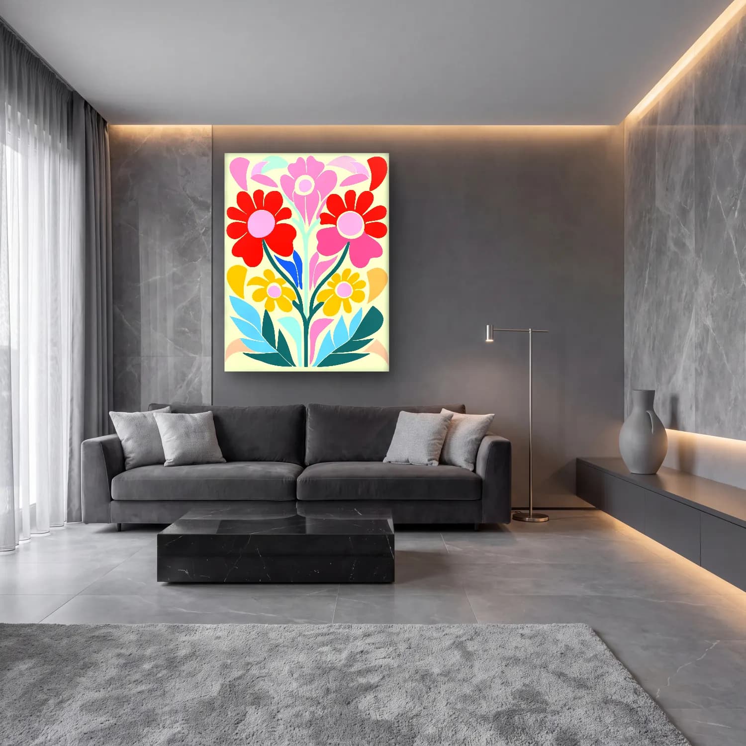Boho Çiçek Deseni No. 40 cam tablo — lüks salon duvarında