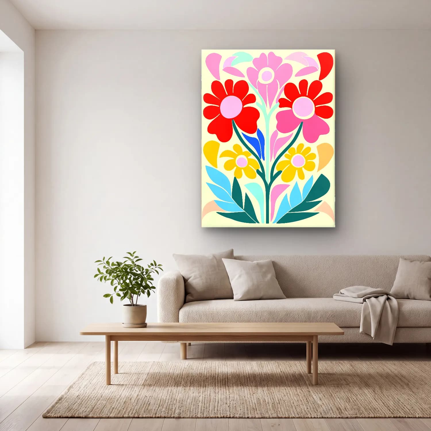 Boho Çiçek Deseni No. 40 cam tablo — açık renk salonda