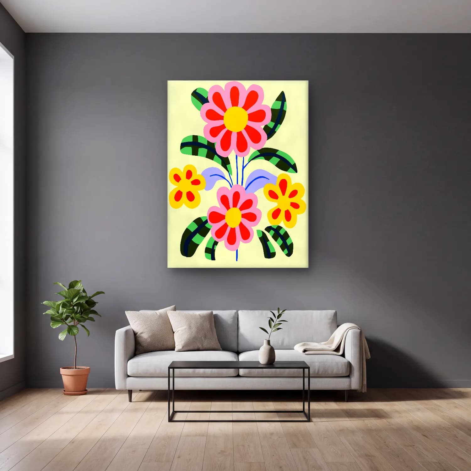 Boho Çiçek Deseni No. 41 cam tablo — gri duvarlı salonda