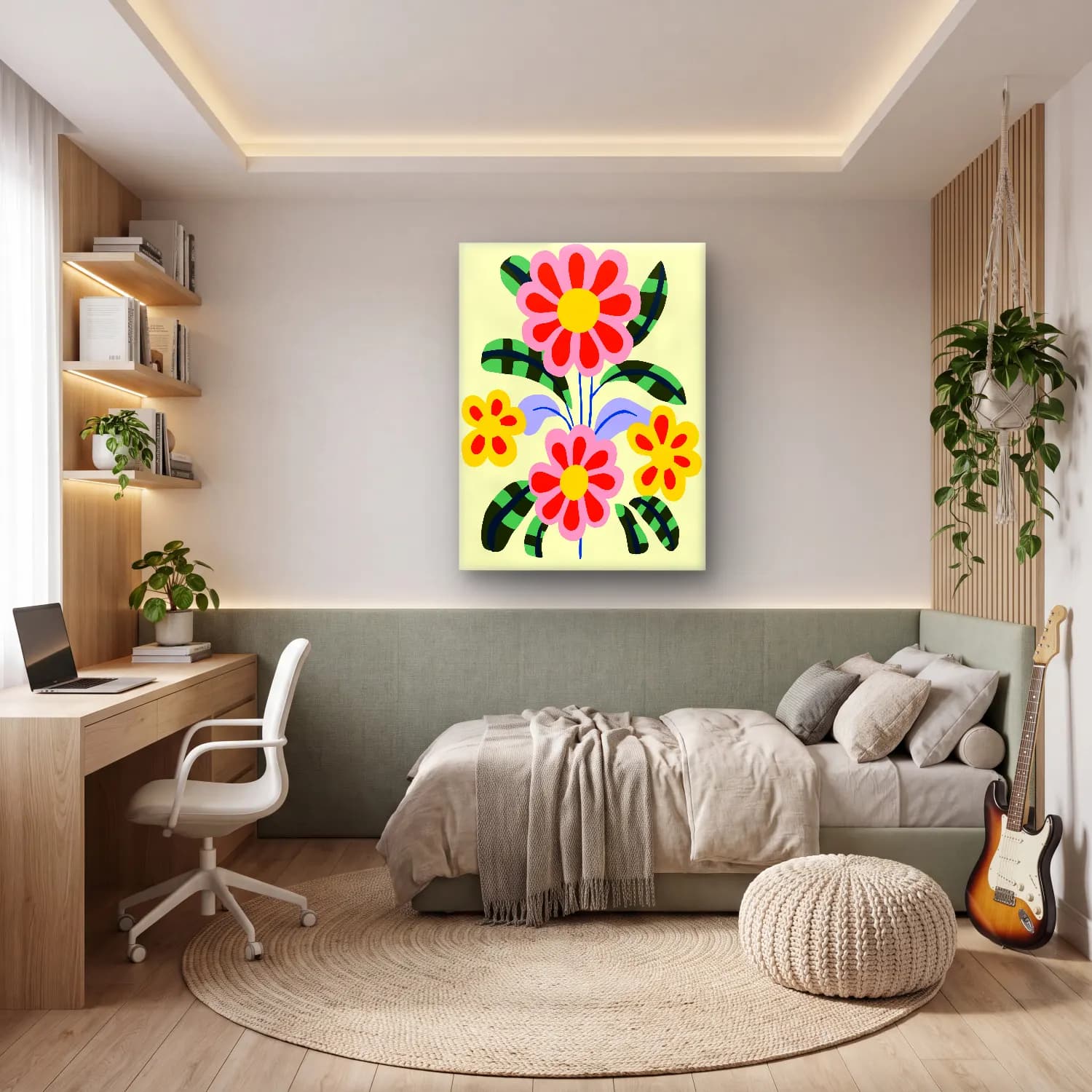 Boho Çiçek Deseni No. 41 cam tablo — genç odasında