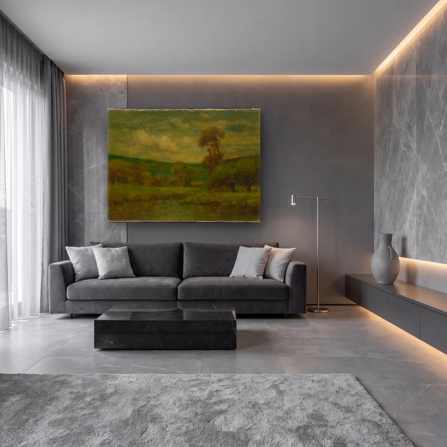Empresyonist Kırda Nehir No. 47 cam tablo — lüks salon duvarında
