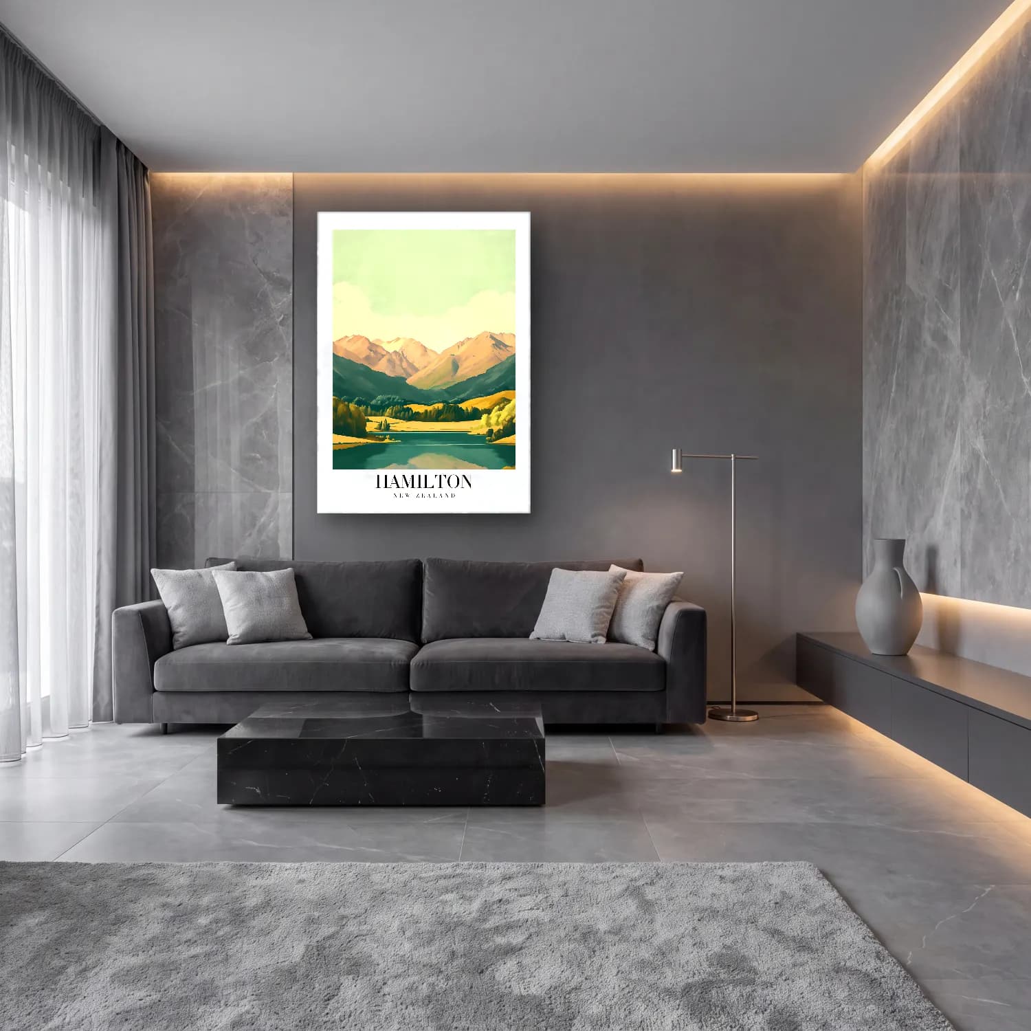 Pastel Göl ve Dağlar No. 9 cam tablo — lüks salon duvarında