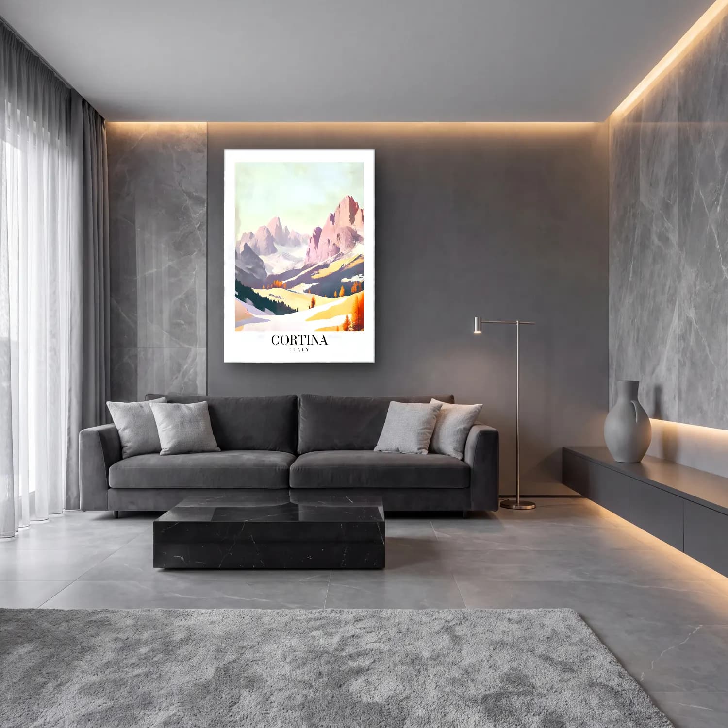 Pastel Karlı Dağ Zirvesi – Pastel Tonlar cam tablo — lüks salon duvarında