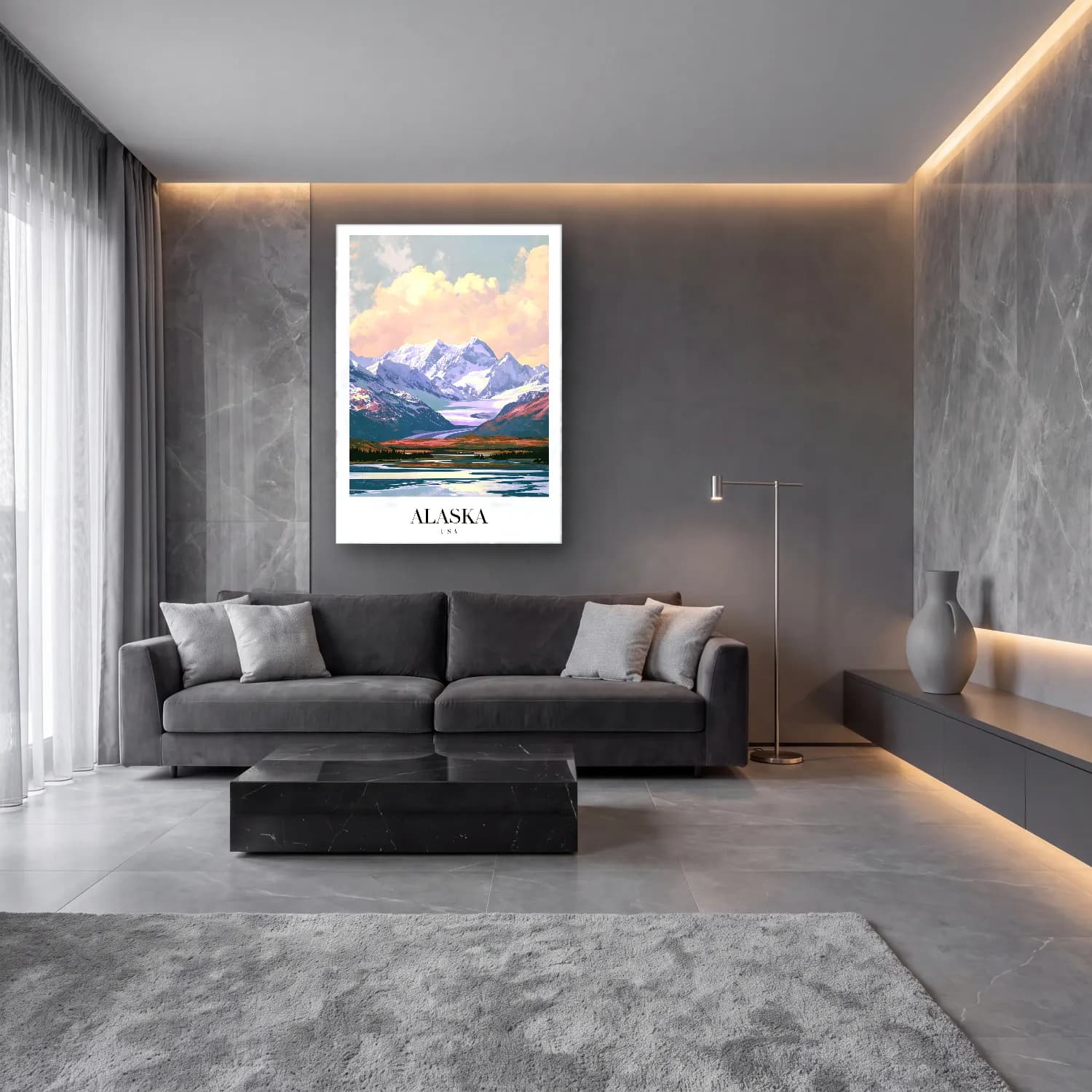 Pastel Göl ve Dağlar No. 4 cam tablo — lüks salon duvarında