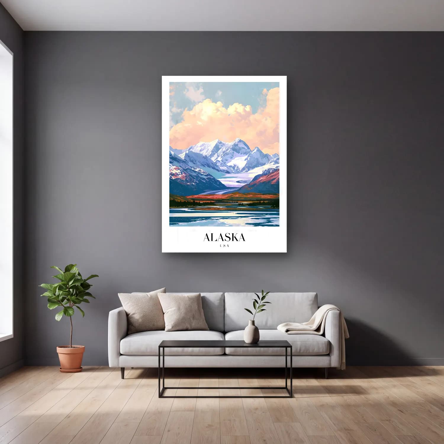 Pastel Göl ve Dağlar No. 4 cam tablo — gri duvarlı salonda