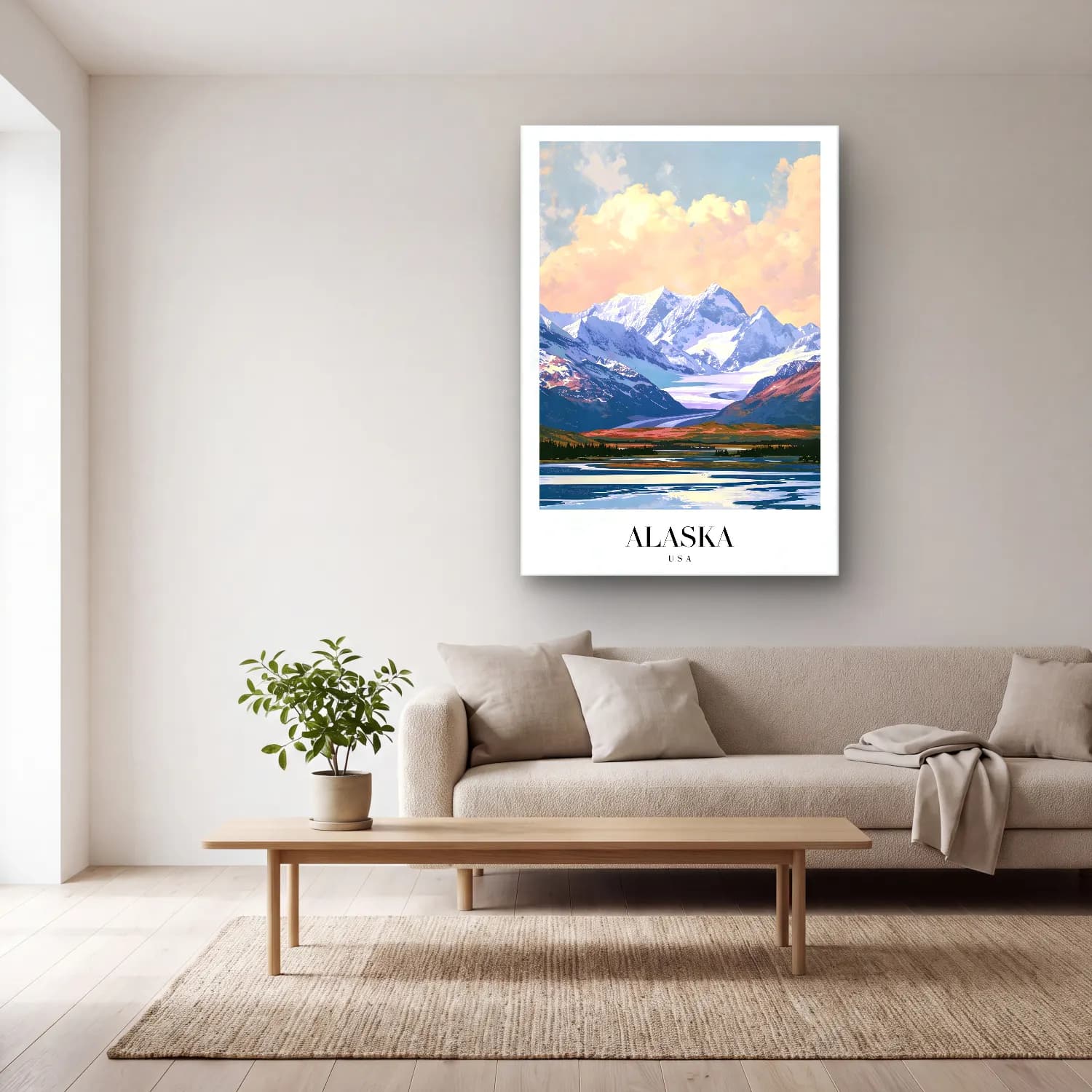 Pastel Göl ve Dağlar No. 4 cam tablo — açık renk salonda