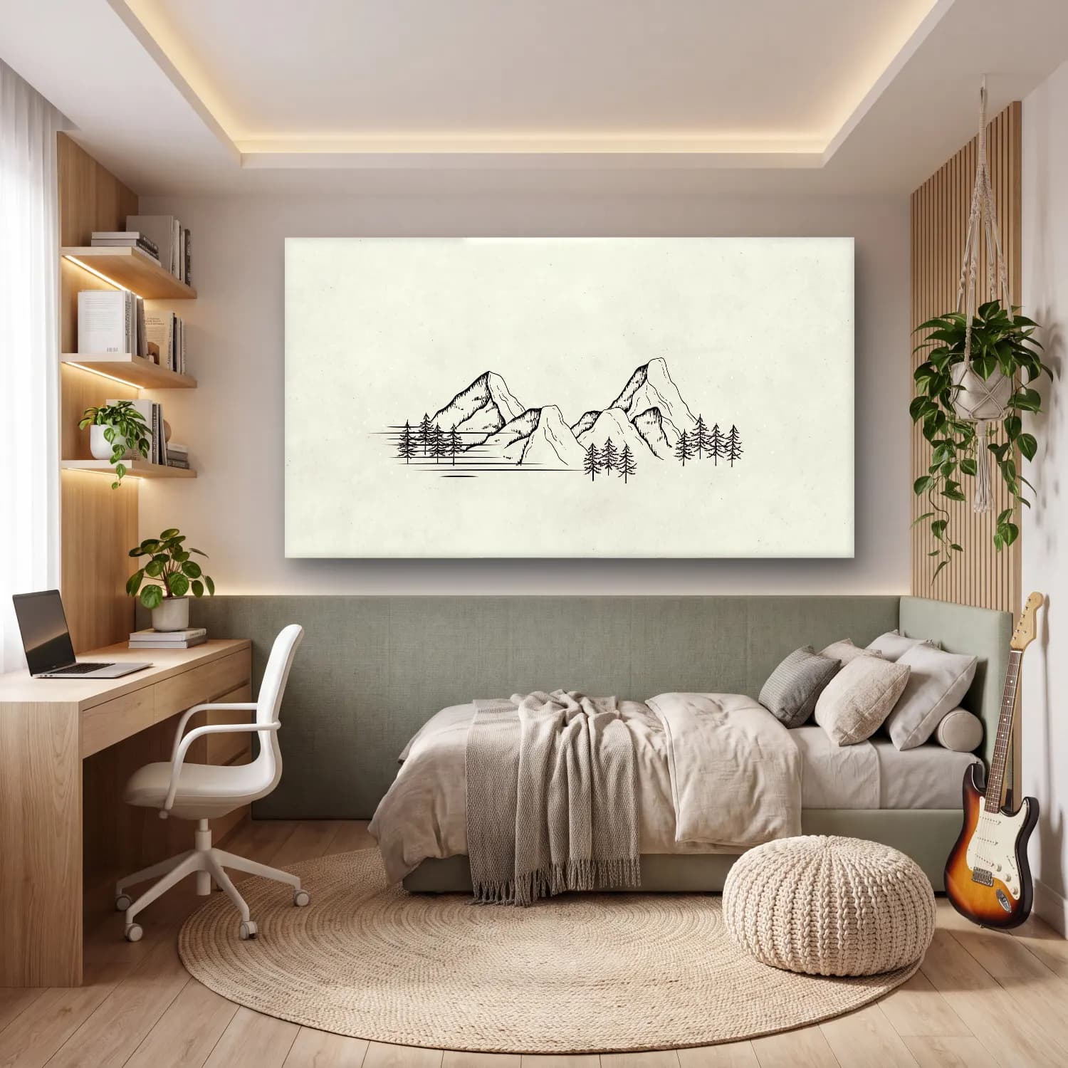 Çizgi Sanatı Göl ve Dağlar cam tablo — genç odasında