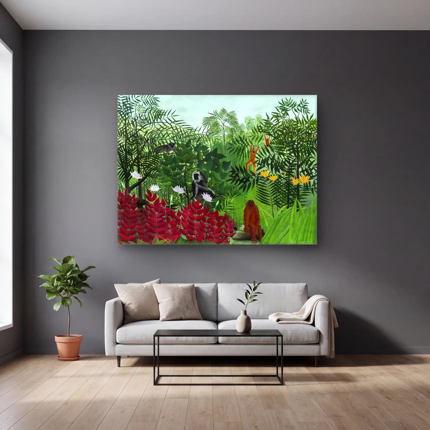 Henri Rousseau – Tropical Forest with Monkeys cam tablo — gri duvarlı salonda