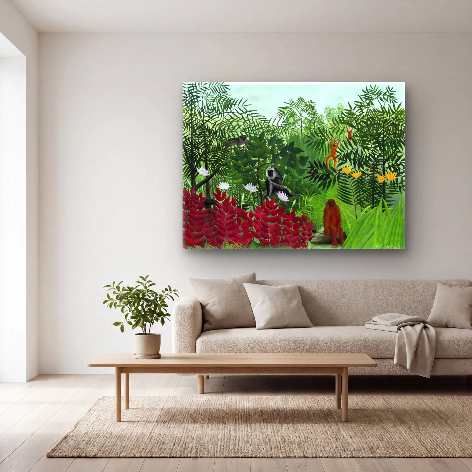 Henri Rousseau – Tropical Forest with Monkeys cam tablo — açık renk salonda