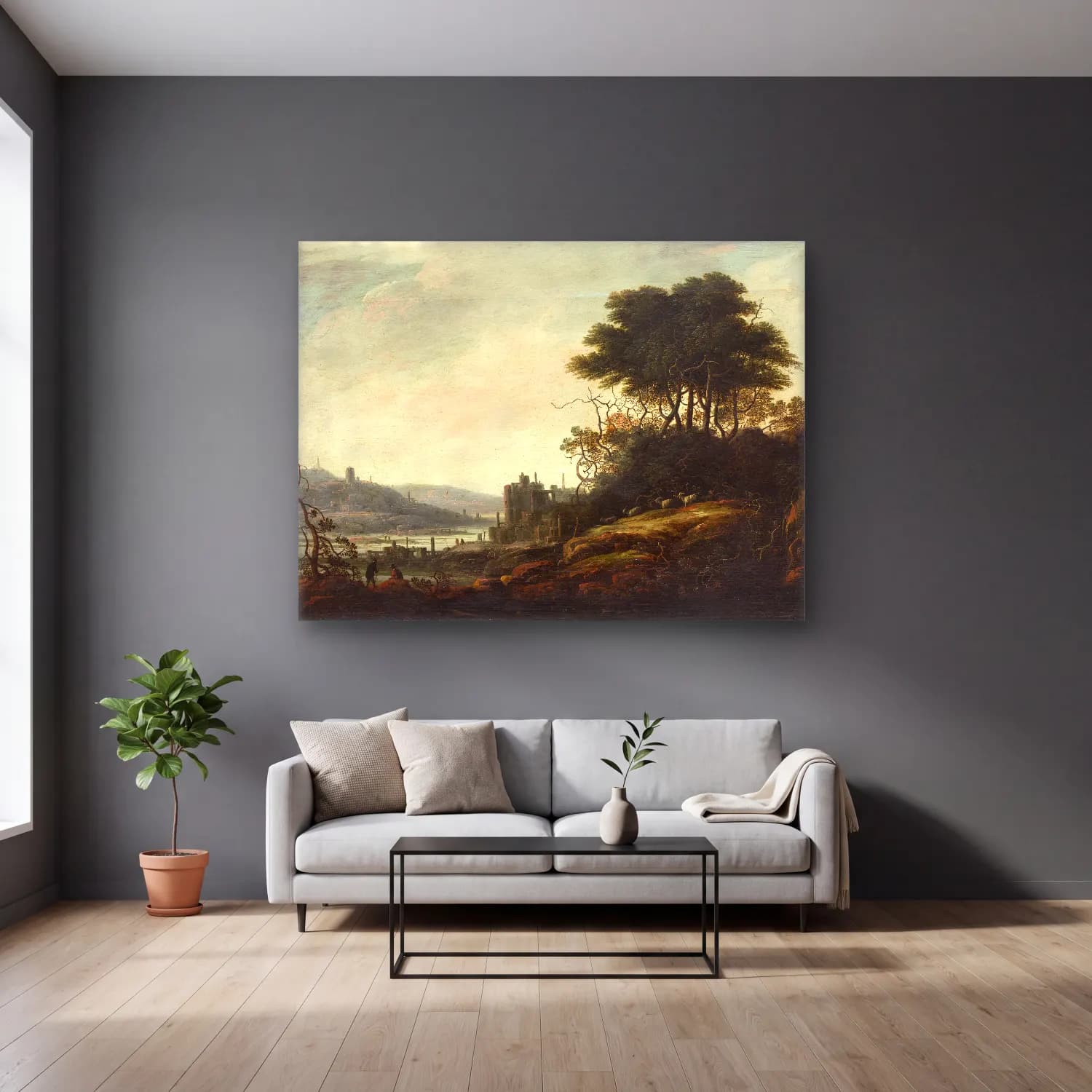 Abraham Bloemaert – Landscape cam tablo — gri duvarlı salonda