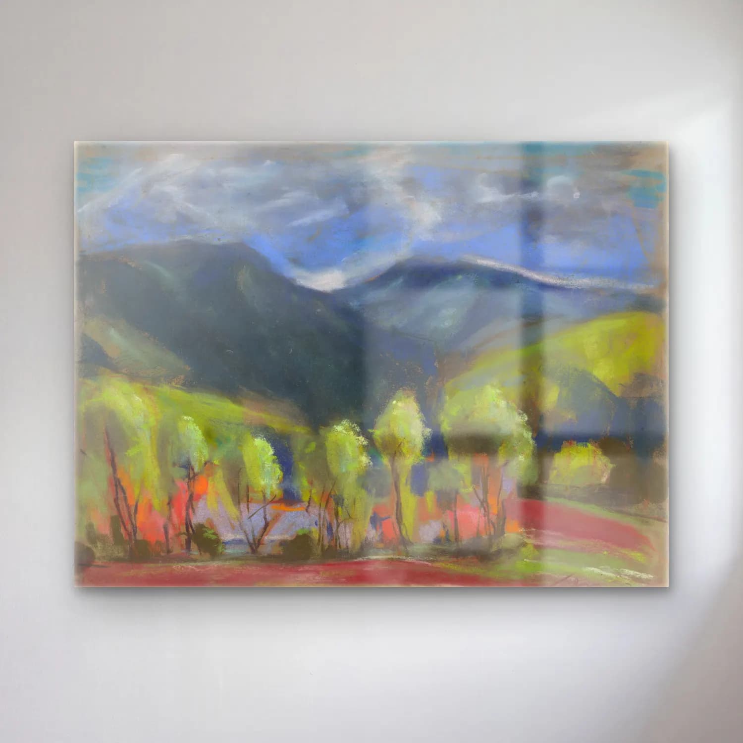 Zolo Palugyay – Spring landscape – Pastel Tonlar cam tablo — Zolo Palugyay – Spring landscape – Pastel Tonlar — yağlı boya dağ manzarası