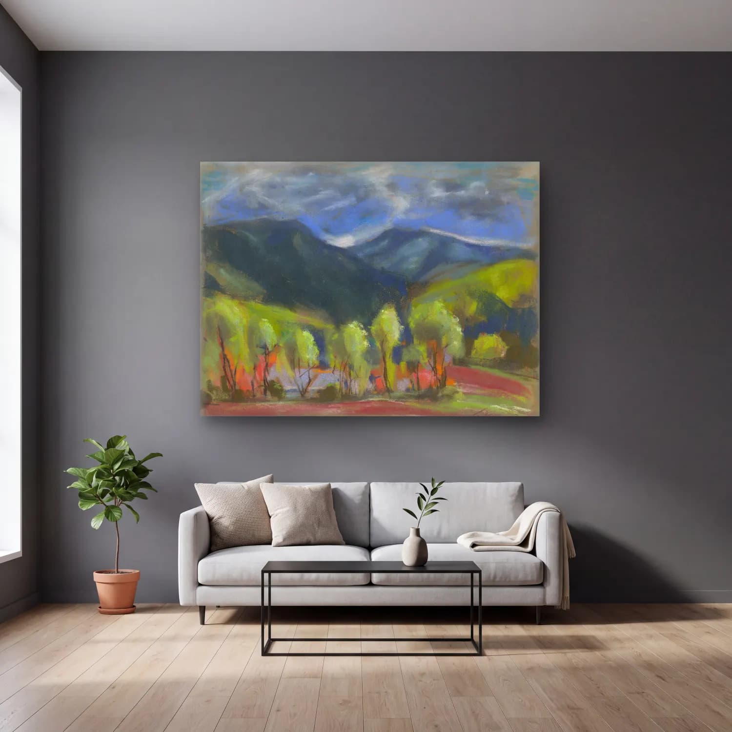 Zolo Palugyay – Spring landscape – Pastel Tonlar cam tablo — gri duvarlı salonda