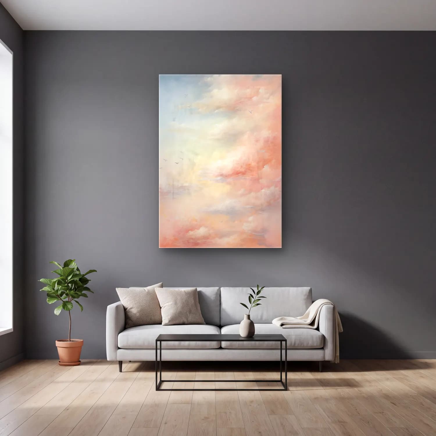 Pastel Gün Batımı Gökyüzü No. 9 cam tablo — gri duvarlı salonda