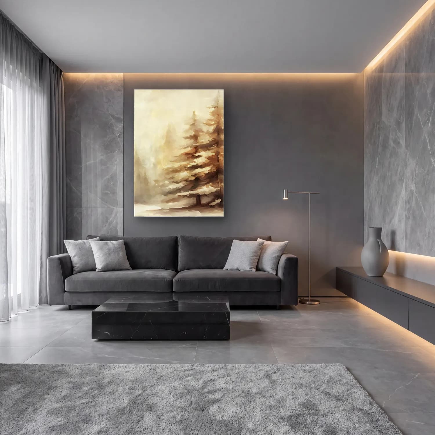 Suluboya Sisli Orman No. 25 cam tablo — lüks salon duvarında
