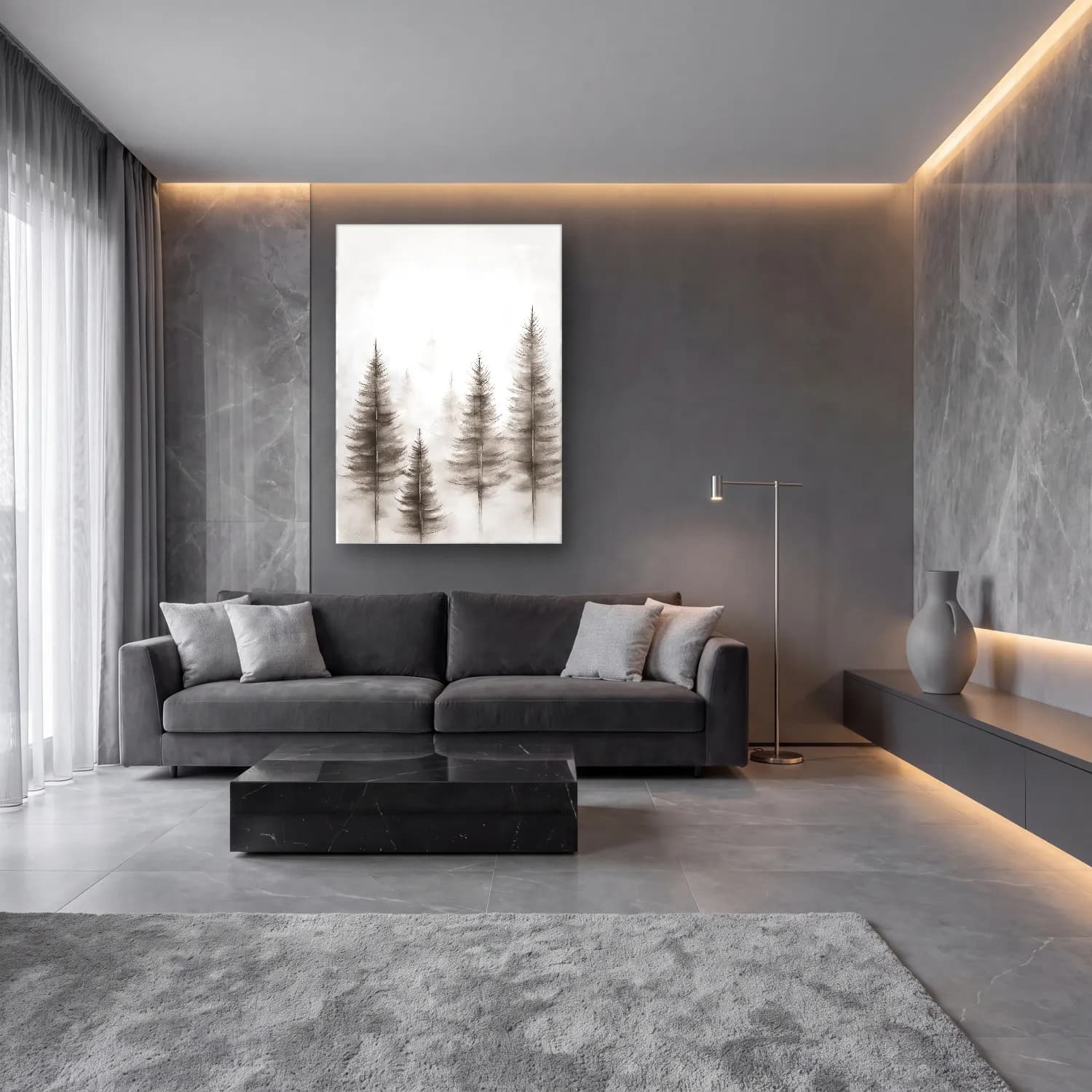 Siyah Beyaz Sisli Orman No. 3 cam tablo — lüks salon duvarında