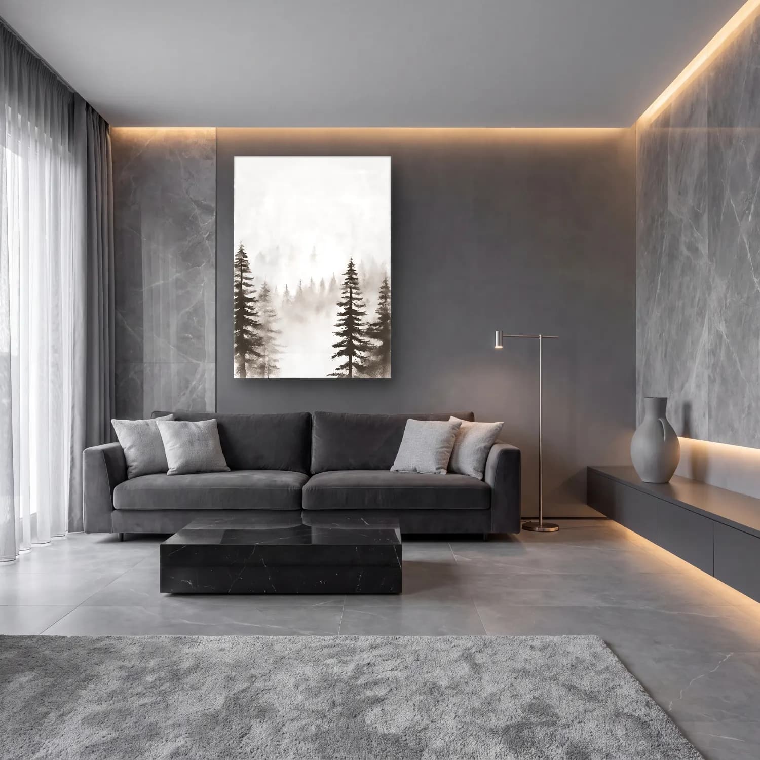 Siyah Beyaz Sisli Orman No. 4 cam tablo — lüks salon duvarında